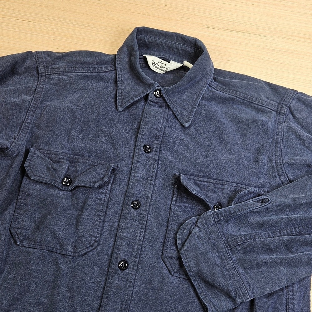 Vintage 70s Woolrich Button Up Shirt Men M Navy Flannel Chamois Heavyweight READ